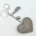 Sparkling heart-shaped rhinestone keychain with grey tassel and silver hardware charm - Silver + Grey