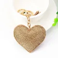 Elegant champagne heart leather keychain with sparkling rhinestones and tassel charm - Gold Tone + Khaki