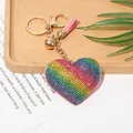 Heart-shaped leather keychain with rainbow rhinestones and pink tassel pendant ornament - Gold Tone + Pink Base Rainbow Color