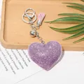 Elegant purple rhinestone heart keychain with pink leather tassel and silver charm - Silver + Violet