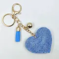 Blue heart leather keychain with sparkling rhinestones and matching tassel charm - Gold + Light Blue