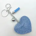 Blue rhinestone heart keychain with matching tassel and silver bell for bag decoration - Silver + Light Blue