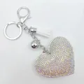 Elegant heart-shaped rhinestone keychain with white tassel and silver bell bag charm - Silver + AB Rhinestone