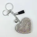 Sparkling heart shaped rhinestone keychain with leather tassel and silver ball charm - Silver + Black Base AB Rhinestone