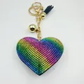 Rainbow rhinestone heart keychain with black tassel and gold tone lobster clasp - Black Base Rainbow Color