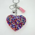 Heart-shaped rhinestone leather keychain with colorful crystals and a pink tassel. - Pink Base Mixed Color