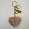 Heart-shaped sparkling rhinestone keychain with brown leather tassel and gold chain - Champagne + KC Gold