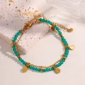 Pulsera de doble capa de acero inoxidable bañada en oro de 18k con cuentas verdes - Cadena de cuentas verdes de doble capa con dijes redondos (CYB058)
