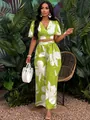 Two-piece tropical floral print set with butterfly sleeve top and wide-leg pants - S / Top And Bottom / Yellow-Green