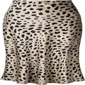 Close-up detail of champagne leopard print satin fishtail midi skirt fabric texture - M / Apricot