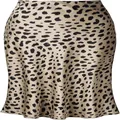 Close-up detail of champagne leopard print satin fishtail midi skirt fabric texture - M / Apricot
