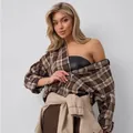 Camicia a quadri marrone e beige retrò da donna con elegante stile a spalle scoperte - S / Marrone Scuro