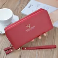Red double zipper long wallet for women with wristlet and gold deer emblem - Wine Red