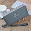 Elegant grey double zipper long wallet for women with wrist strap and deer logo - Gray