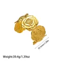Detailed view of golden rose floral cuff bracelet showing weight and size dimensions - Rose Relief Design (YY135)