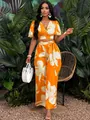 Zweiteiliges Set mit tropischem Blumendruck, Butterfly-Ärmel Top und weiter Hose - S / Orange