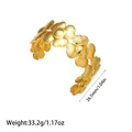 Detailed view of a wide floral gold titanium steel open bangle showing dimensions - Sunflower Linked Style (YY138)