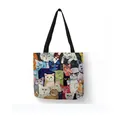 Detailed front view of a linen tote bag with colorful artistic cat pattern print. - 34*38 / Rich Cat Portrait (5)