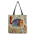 Detail view of cute cartoon cat and house illustration on linen tote bag - Flying Cat Over Town (hm0173)