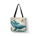 Detailed view of linen tote bag with artistic blue whale and starfish ocean print - 34*38 / Ocean Whale Vintage Map (7)