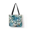 Close-up of eco-friendly linen shopping bag with vintage blue octopus and coral print. - 34*38 / Vintage Ocean Octopus Starfish (9)