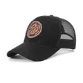 Black mesh baseball trucker hat with a vintage embossed brown leather patch logo - One Size / Black