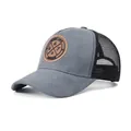 Grey suede mesh trucker hat with leather patch for outdoor sun protection and casual style - One Size / Gray