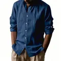 Detail of a navy blue breathable cotton linen shirt for men with a stand collar - Navy Blue