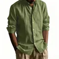 Close-up detail of the breathable olive green linen stand collar long sleeve shirt for men - Army Green