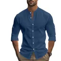 Chemise homme bleue en coton et lin à manches longues avec col mao respirant de style Henley - Bleu marine