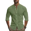 Chemise décontractée pour homme en coton et lin vert olive avec col montant respirant - Vert Militaire