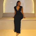 Elegant sleeveless black V-neck slim-fit maxi dress with ruched details for women - S / Black