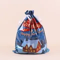 Festive blue Christmas drawstring gift bag featuring a snowy house and holiday greetings - Red House (44*57cm)