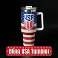 Detailed close-up of a 40oz bling USA flag rhinestone insulated tumbler with handle - 1.1L-2L / USA Shield Style