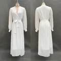 Detailed front and back view of elegant white long-sleeved V-neck chiffon maxi dress - S / White