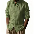 Men's olive green cotton linen long sleeve henley shirt with buttons for autumn - Army Green