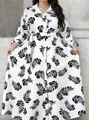 Plus size long sleeve white shirt dress with black leaf print and belt - Leaf