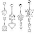 5-piece silver belly button ring set with heart and butterfly zircon charms. - Silver Jewelry Set
