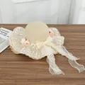 Sweet straw sun hat with lace bow and pink roses for summer beach vacation trips - Four Flowers Beige