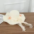 Elegant cream straw sun hat with pink roses and long lace bow for beach vacation - Four Flowers Milky White