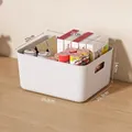 Large white plastic household storage bin with handles and clear dimension markings - Medium Storage Basket / White