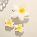 Elegant white and yellow plumeria flower hair claw clips set in different sizes - Three-Piece Set / Set of 3 / White