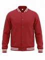 Detailed view of red American style varsity jacket with white striped ribbing - S / Top And Bottom / Burgundy