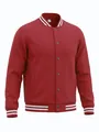 Front view of a red American style varsity jacket with white striped ribbing details - S / Tops / Burgundy