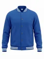Detailed front view of a men's royal blue baseball jacket with white striped accents. - S / Top And Bottom / Sapphire Blue