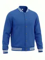 Detailed view of a blue American-style varsity jacket with white striped ribbed trim. - S / Tops / Sapphire Blue