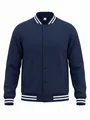 Close-up detail of navy blue American varsity jacket with striped collar and cuffs - S / Top And Bottom / Navy Blue