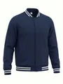 Detailed view of a navy blue men's varsity jacket featuring white striped ribbed trim - Navy Blue