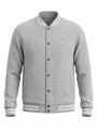 Vista frontale dettagliata di una giacca varsity grigia stile americano con coste rigate - Grigio chiaro