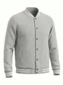 Detailed view of a men's gray heathered varsity jacket with white striped ribbing accents. - S / Tops / Light Gray
